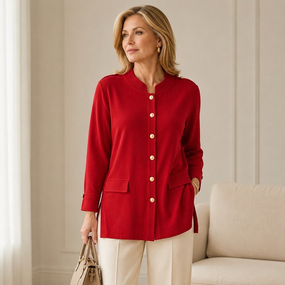 Exclusively Misook Knit Military Jacket Sz XL Quiet Luxury Gold Buttons Preppy